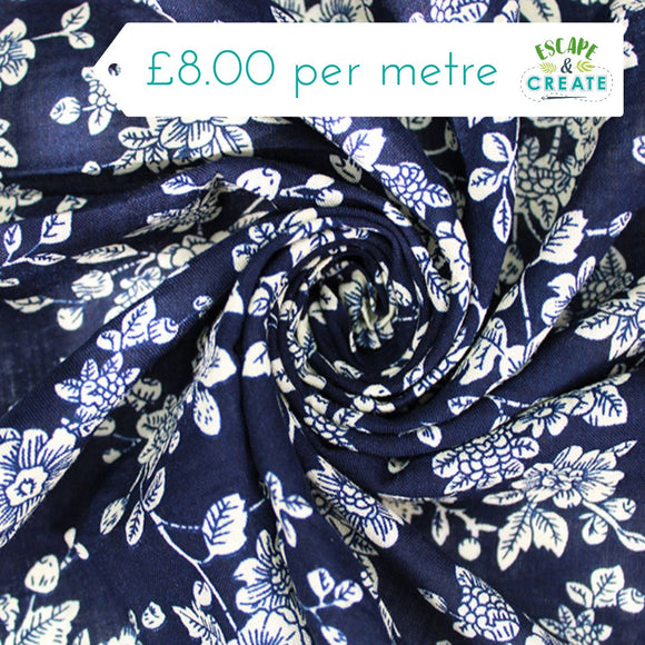 Viscose Cotton Lawn Off White Floral on Navy